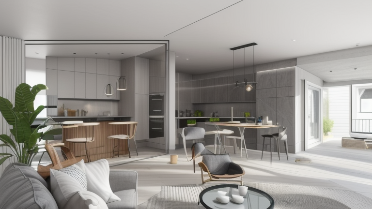 Kitchen, Modern design, clean lines, geometric shapes, neutral colour panel, simplicity and functionality, use of glass, steel, concrete