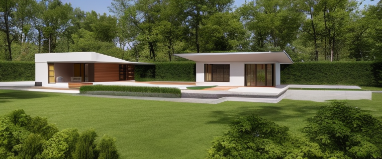 Villa, designed by Frank Lloyd Wright, Japandi architecture, in the afternoon, in Toronto
