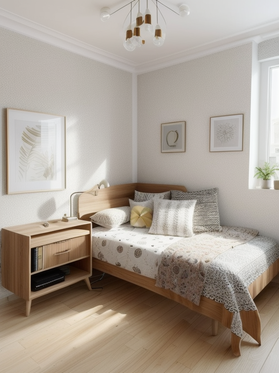 Bedroom, Minimalist design, simple lines, limited furniture, open floor, natural light, uncluttered space, Bohemian design, electric and free-spirited, mix of patterns and colours, relaxed look, natural materials, vintage and human made elements