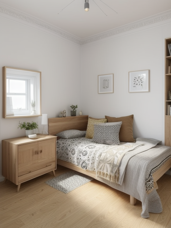 Bedroom, Minimalist design, simple lines, limited furniture, open floor, natural light, uncluttered space, Bohemian design, electric and free-spirited, mix of patterns and colours, relaxed look, natural materials, vintage and human made elements