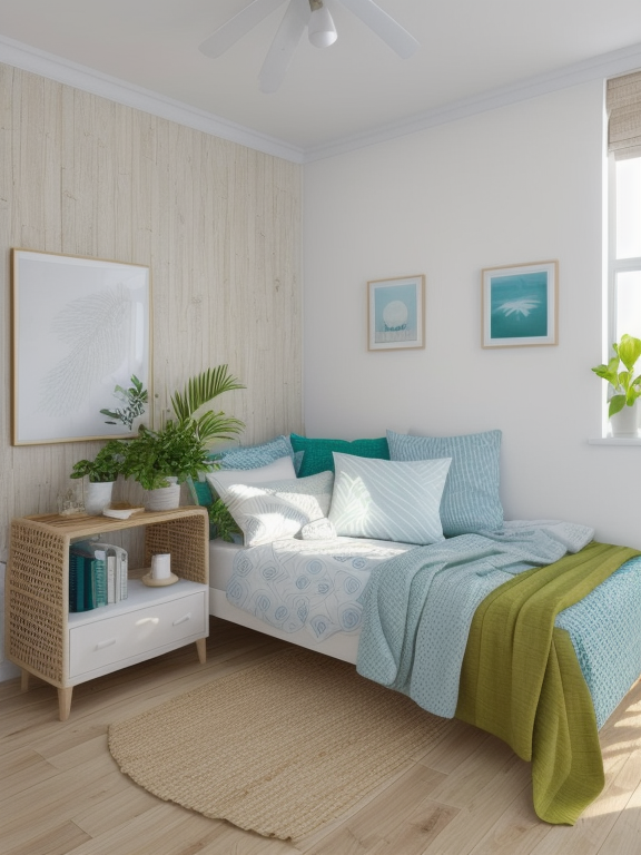 Bedroom, Coastal design, light and breezy atmosphere, self colour palette, white and blue, natural textures, jute, bamboo, green plants, relaxed, casual feel, light fabrics curtains