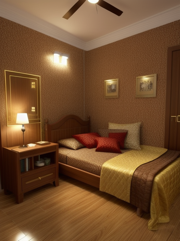 Bedroom, colonial design, Moroccan design, gold, brown and red colors, queen size bed, small side table, Moroccan rug