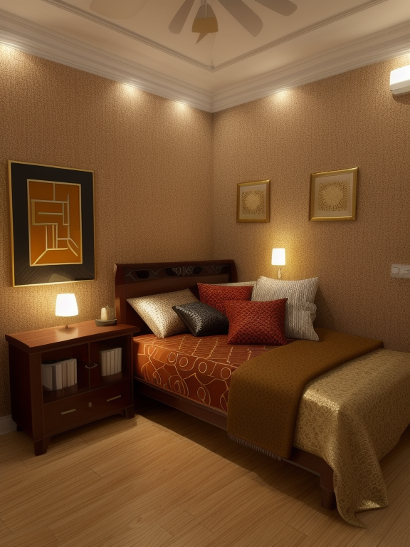 Bedroom, colonial design, Moroccan design, gold, brown and red colors, queen size bed, small side table, Moroccan rug