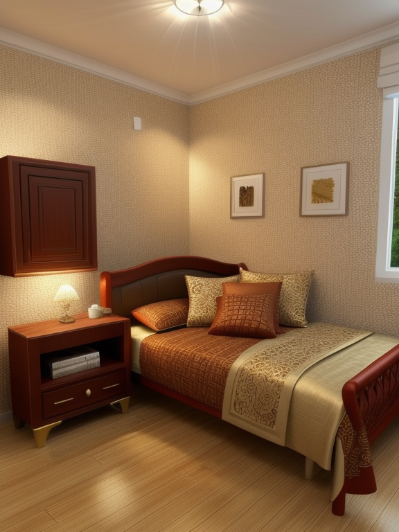 Bedroom, colonial design, Moroccan design, gold, brown and red colors, queen size bed, small side table, Moroccan rug