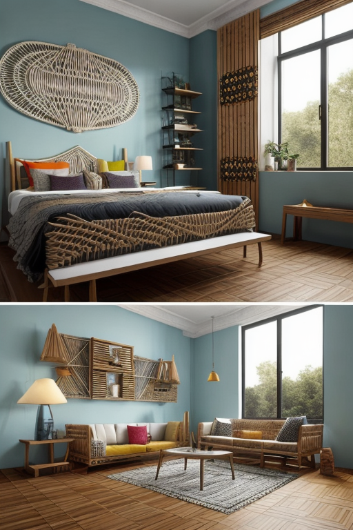 office for landscape architects who care for birds, Materials of wood, tile, and macrame, hyperrealistic, afternoon sun, , Eclectic design, bold and contrasting colours, diverse patterns and textures, unconventional furniture arrangements, personal and curated collections, creative and expressive atmosphere