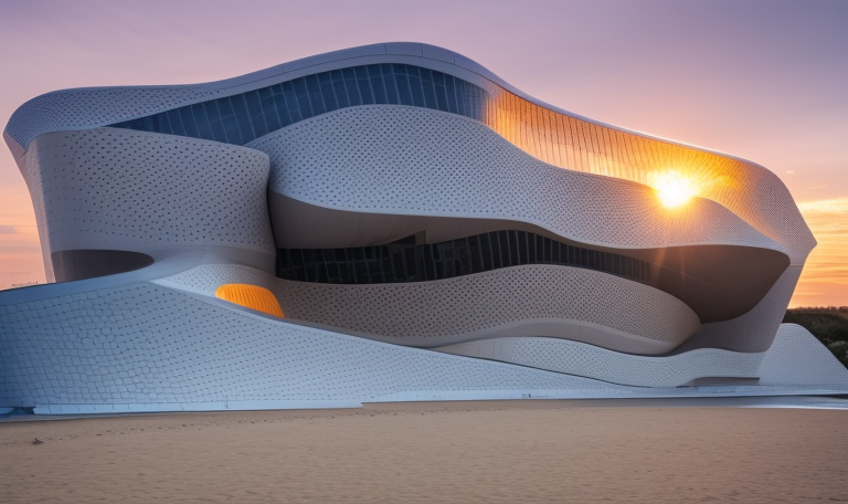 Museum, designed by Zaha Hadid, at sunset, on the beach