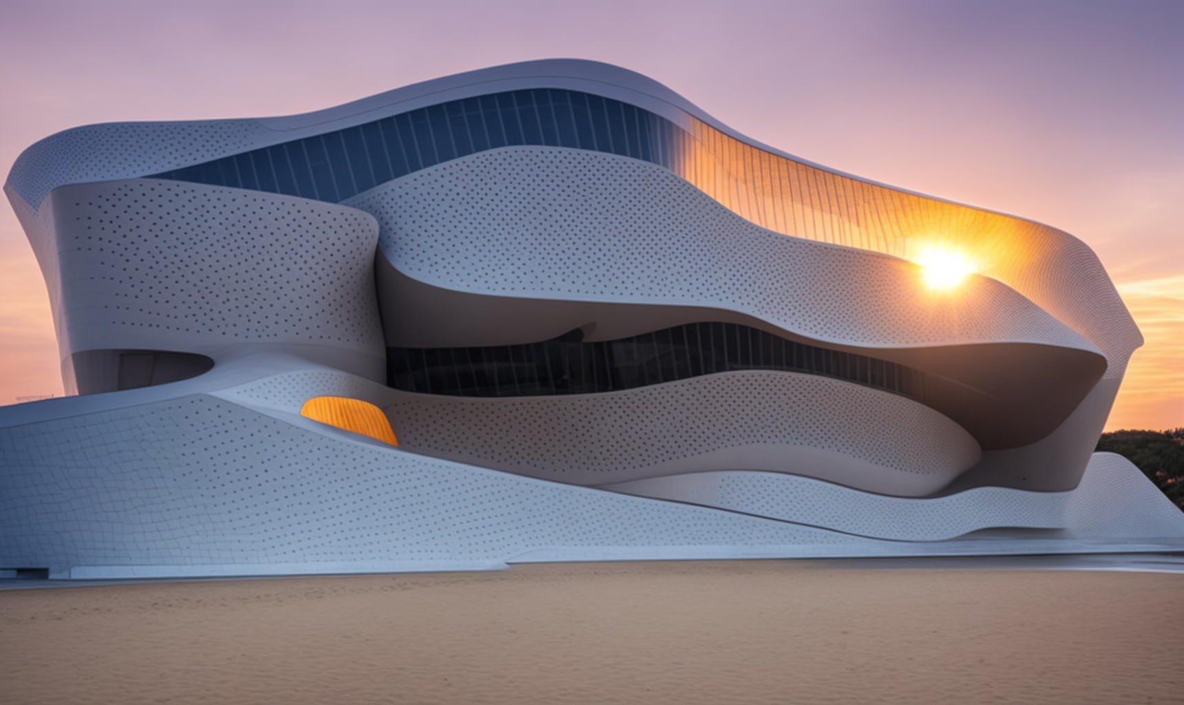 Museum, designed by Zaha Hadid, at sunset, on the beach