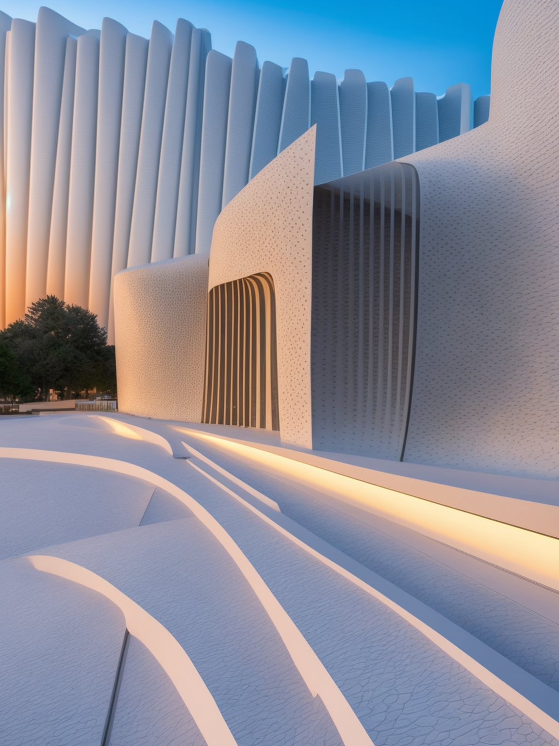 Museum, designed by Zaha Hadid, at sunset, on the beach