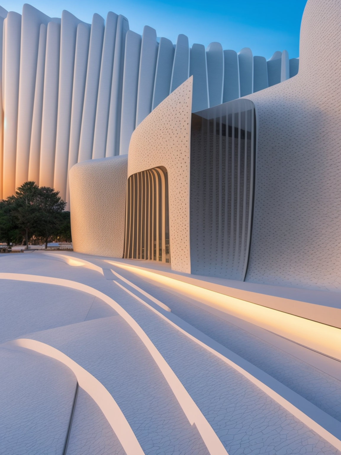 Museum, designed by Zaha Hadid, at sunset, on the beach