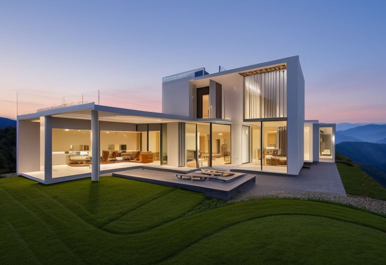 Villa,  designed by Renzo Piano, Modern Architecture, at sunset, in the mountains
