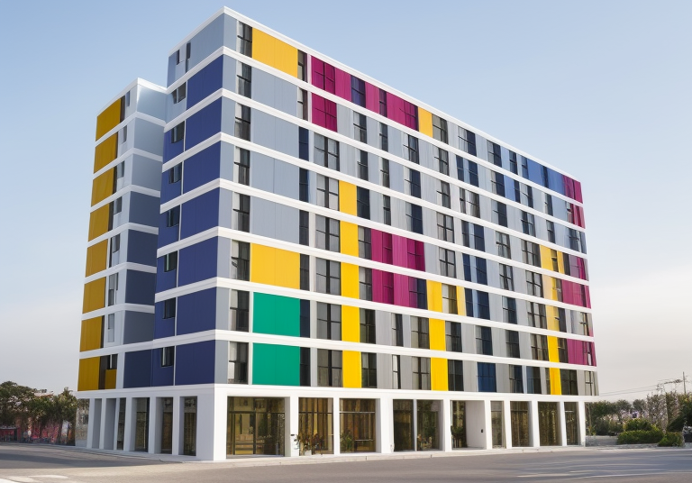 Desing by Bjarke Ingels with colors, in the morning, Townhouse, in Lima, Post-Modern Architecture facade checkerboard patern in colors