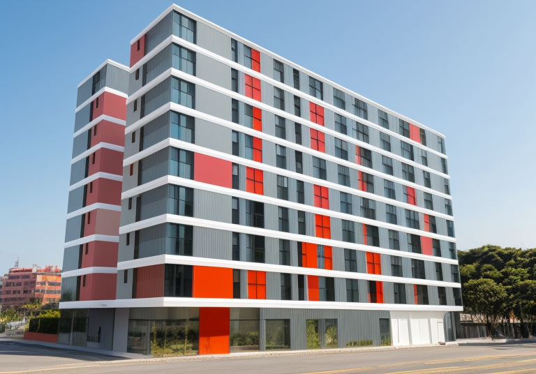 Desing by Oscar Niemeyer with  three colors, in the morning, Townhouse, in Lima,  facade checkerboard patern in colors, Constructivism Architecture, Modern Architecture