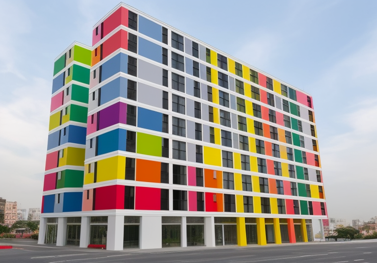 acade checkerboard patern in colors Desing by Oscar Niemeyer with  three colors, in the morning, Townhouse, in Lima,  facade checkerboard patern in colors, Constructivism Architecture, Modern Architecture