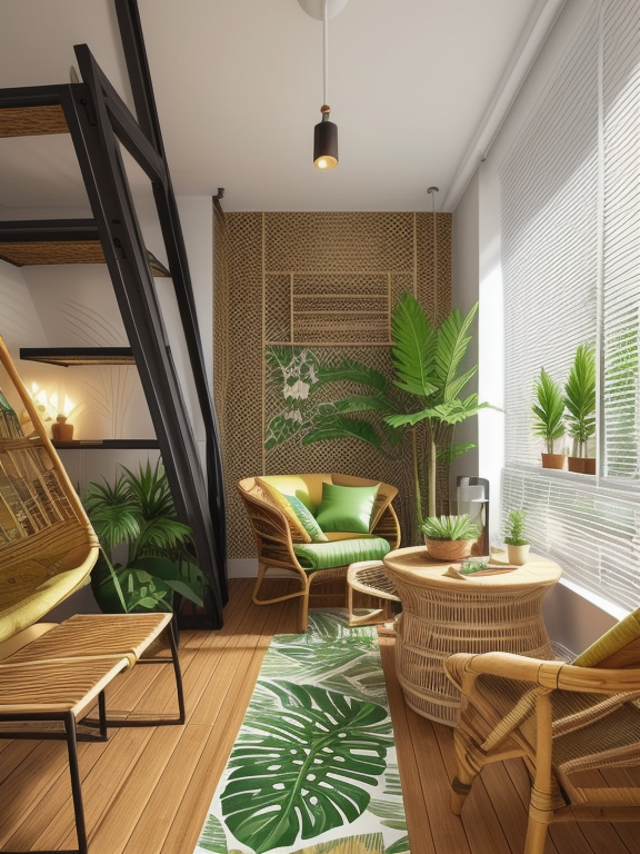 Living Room, Tropical style, lush and tropical vibes, vibrant and bold colours, natural materials, rattan, bamboo, botanical patterns, indoor plants, breezy and relaxed atmosphere, vacation-like ambience