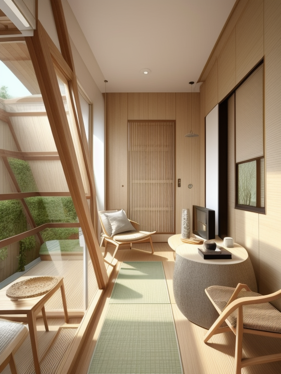 Living Room, Japanese design, serene and minimalist, clean lines, natural materials, wood, stone, neutral colour palette, sliding doors shoji, tatami mats,  Zen garden elements, focus on simplicity and harmony
