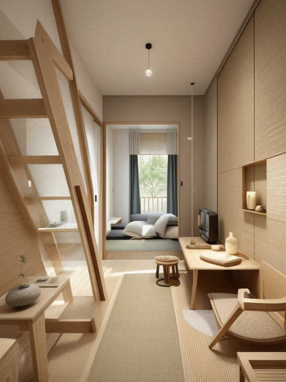 Living Room, Japanese design, serene and minimalist, clean lines, natural materials, wood, stone, neutral colour palette, sliding doors shoji, tatami mats,  Zen garden elements, focus on simplicity and harmony