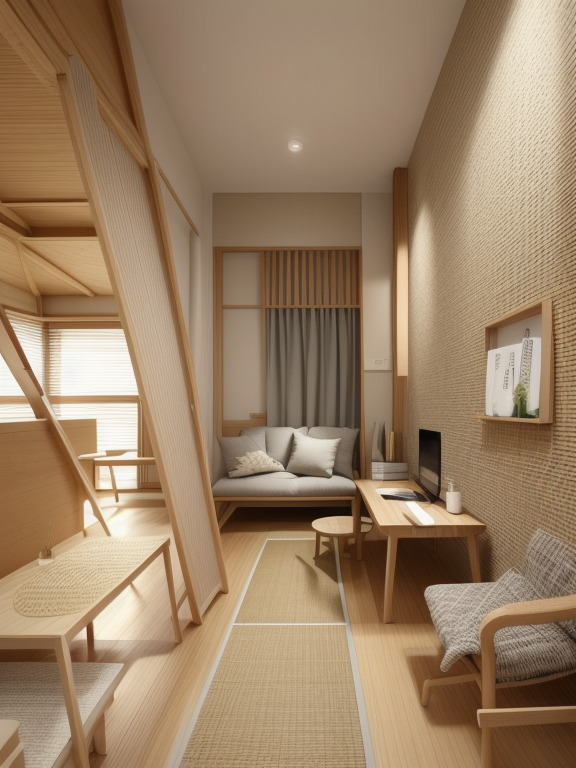 Living Room, Japanese design, serene and minimalist, clean lines, natural materials, wood, stone, neutral colour palette, sliding doors shoji, tatami mats,  Zen garden elements, focus on simplicity and harmony