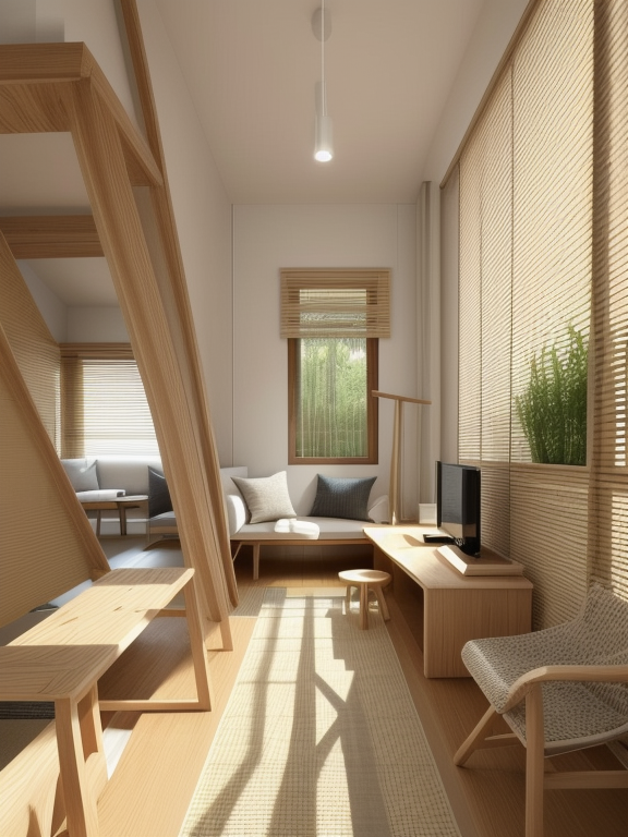 Living Room, Japanese design, serene and minimalist, clean lines, natural materials, wood, stone, neutral colour palette, sliding doors shoji, tatami mats,  Zen garden elements, focus on simplicity and harmony