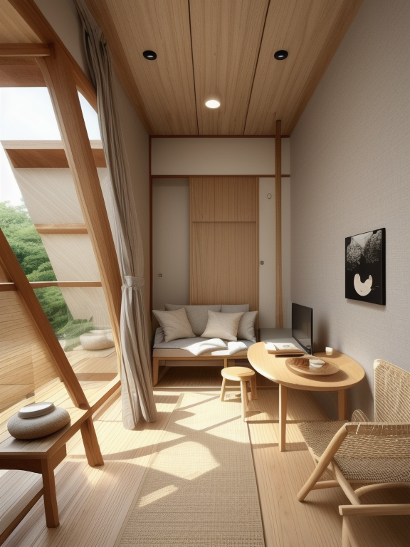 Living Room, Japanese design, serene and minimalist, clean lines, natural materials, wood, stone, neutral colour palette, sliding doors shoji, tatami mats,  Zen garden elements, focus on simplicity and harmony