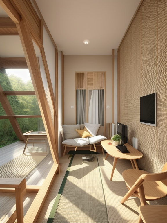 Living Room, Japanese design, serene and minimalist, clean lines, natural materials, wood, stone, neutral colour palette, sliding doors shoji, tatami mats,  Zen garden elements, focus on simplicity and harmony