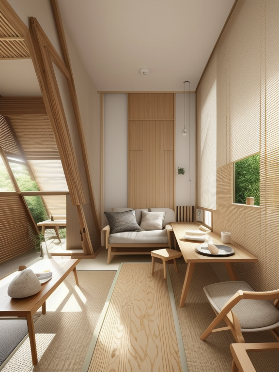 Living Room, Japanese design, serene and minimalist, clean lines, natural materials, wood, stone, neutral colour palette, sliding doors shoji, tatami mats,  Zen garden elements, focus on simplicity and harmony