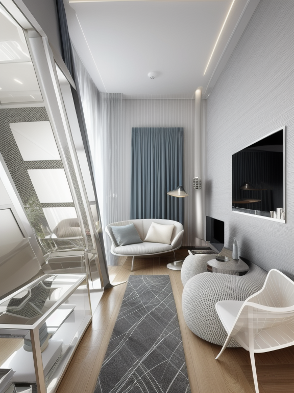 Living Room, High-Tech style, sleek and futuristic, cold colours, minimalist and streamlined, metallic finishes, glass, mirrored surfaces, clean lines, state-of-the-art technology integration, open and functional spaces, a sense of innovation and modernity