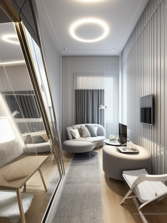 Living Room, High-Tech style, sleek and futuristic, cold colours, minimalist and streamlined, metallic finishes, glass, mirrored surfaces, clean lines, state-of-the-art technology integration, open and functional spaces, a sense of innovation and modernity