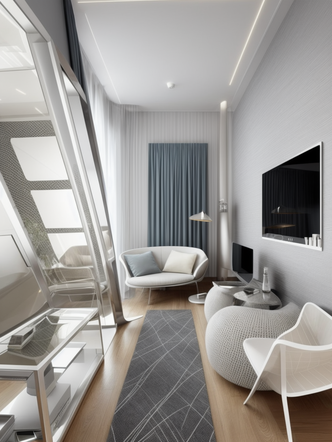 Living Room, High-Tech style, sleek and futuristic, cold colours, minimalist and streamlined, metallic finishes, glass, mirrored surfaces, clean lines, state-of-the-art technology integration, open and functional spaces, a sense of innovation and modernity