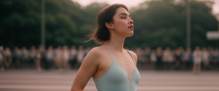 Woman dancing ballet in the middle, filmed by West Anderson, (symmetric 2.0), (pastel colours 2.0), muted colours, dreamy, (retro 2.0), (filmed on film camera 35mm 2.0), blurry, emotional, dreamy, wide shot, full body shot, 