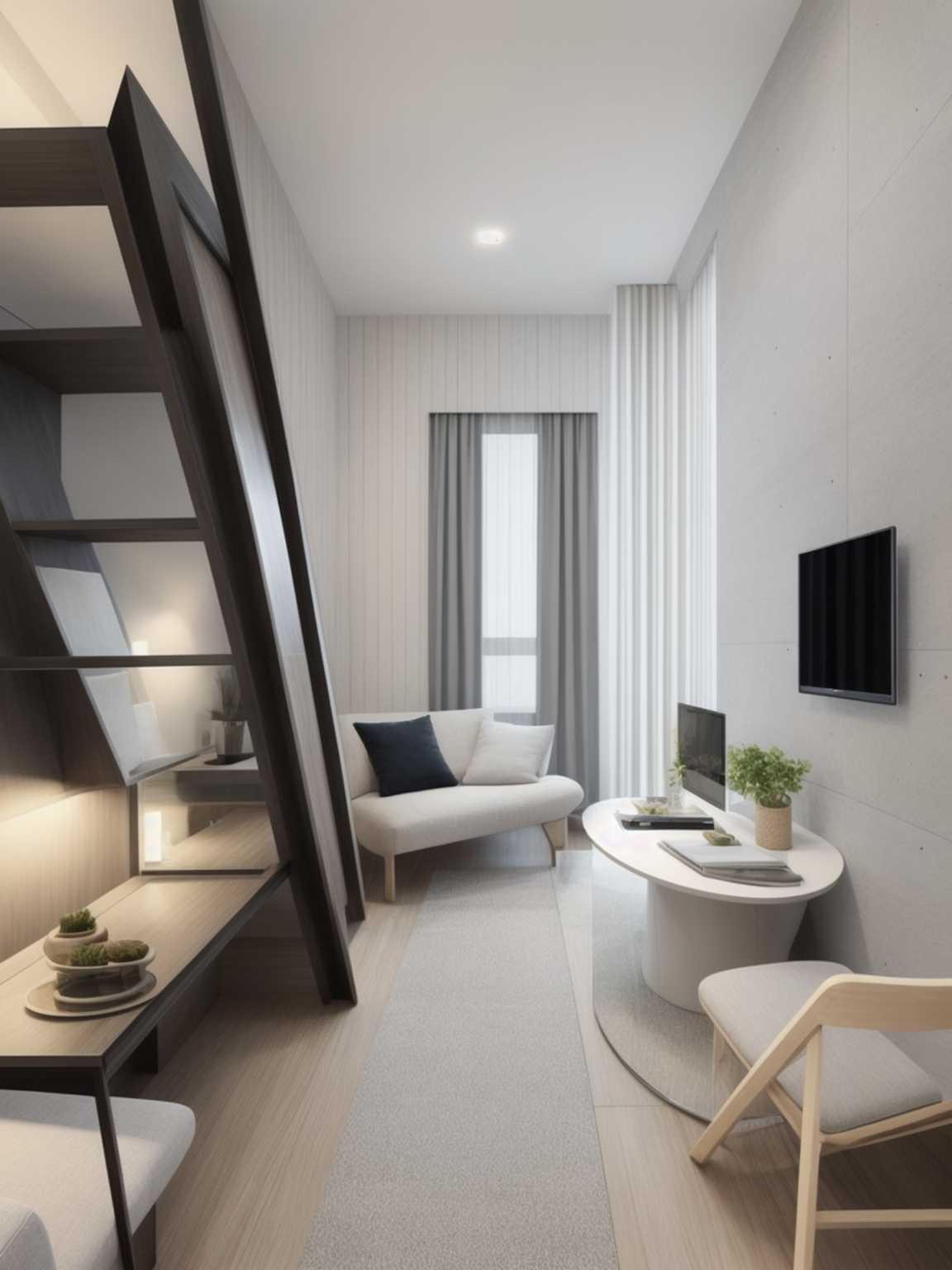 Living Room, Modern design, clean lines, geometric shapes, neutral colour panel, simplicity and functionality, use of glass, steel, concrete
