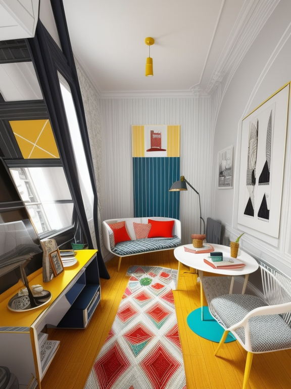 Living Room, Retro style, nostalgic and playful, vibrant colours and patterns, geometric shapes, vintage furniture and accessories, bold and iconic designs from the mid-20th century, nostalgic references to specific eras