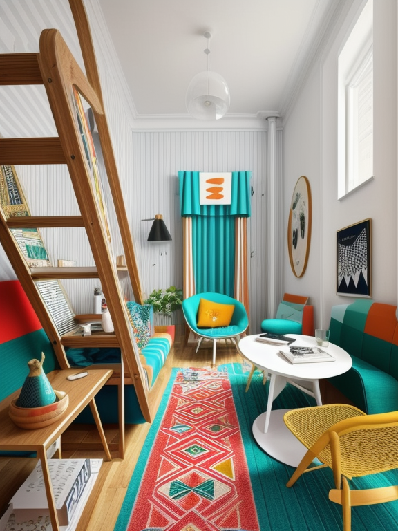 Living Room, Retro style, nostalgic and playful, vibrant colours and patterns, geometric shapes, vintage furniture and accessories, bold and iconic designs from the mid-20th century, nostalgic references to specific eras