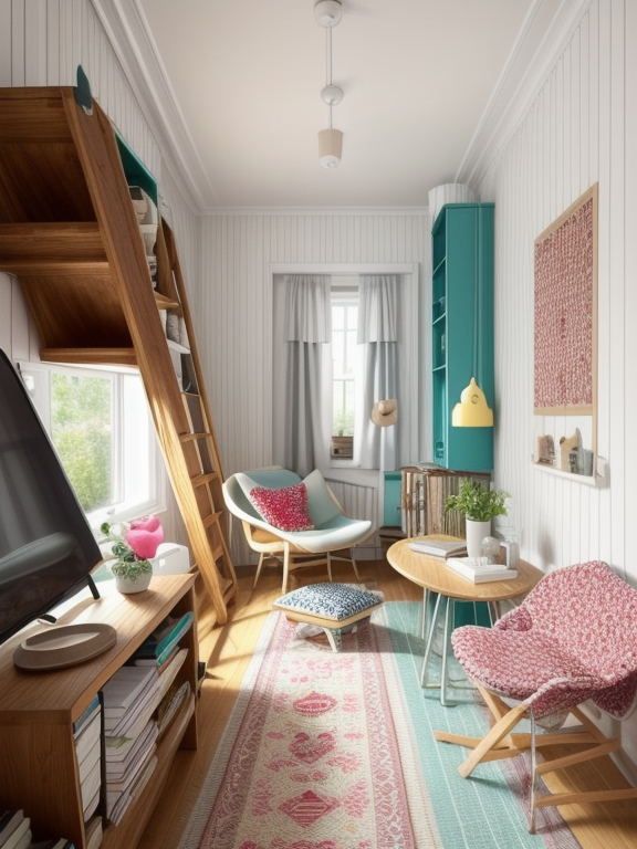 Living Room, Retro style, nostalgic and playful, vibrant colours and patterns, geometric shapes, vintage furniture and accessories, bold and iconic designs from the mid-20th century, nostalgic references to specific eras, Cottage style, quaint and cozy, light and pastel colours, natural materials, wood, floral patterns, vintage furniture and accessories, distressed finishes, bookshelves, cozy textiles, quilts and lace, casual and relaxed atmosphere