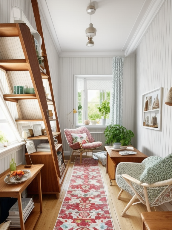 Living Room, Retro style, nostalgic and playful, vibrant colours and patterns, geometric shapes, vintage furniture and accessories, bold and iconic designs from the mid-20th century, nostalgic references to specific eras, Cottage style, quaint and cozy, light and pastel colours, natural materials, wood, floral patterns, vintage furniture and accessories, distressed finishes, bookshelves, cozy textiles, quilts and lace, casual and relaxed atmosphere