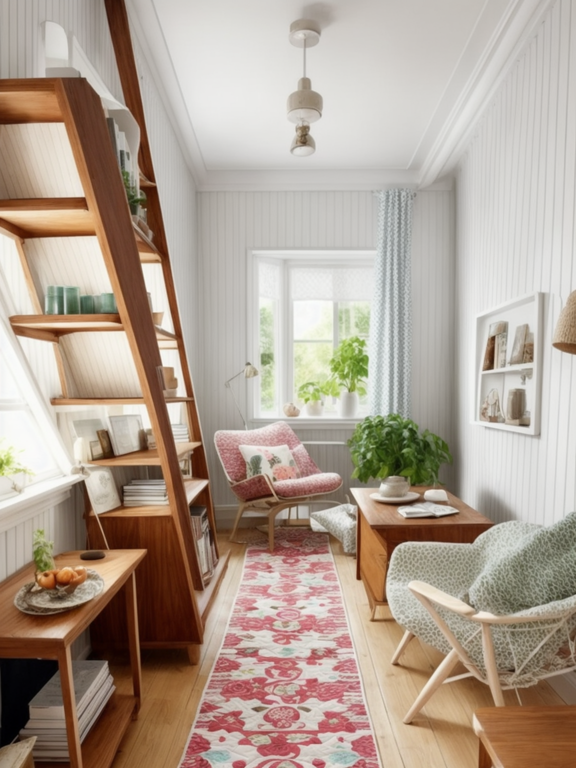 Living Room, Retro style, nostalgic and playful, vibrant colours and patterns, geometric shapes, vintage furniture and accessories, bold and iconic designs from the mid-20th century, nostalgic references to specific eras, Cottage style, quaint and cozy, light and pastel colours, natural materials, wood, floral patterns, vintage furniture and accessories, distressed finishes, bookshelves, cozy textiles, quilts and lace, casual and relaxed atmosphere