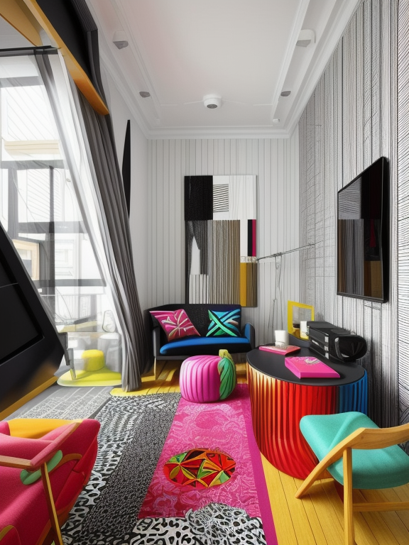 Living Room, Postmodern style, bold and eclectic, playful and unconventional, vibrant colours and patterns, mix of materials and styles, exaggerated and asymmetrical forms, a sense of irony and self-expression