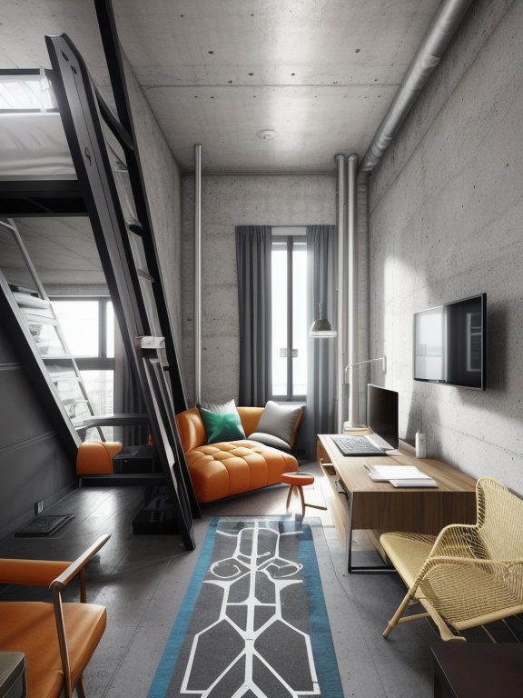 Living Room, Postmodern style, bold and eclectic, playful and unconventional, vibrant colours and patterns, mix of materials and styles, exaggerated and asymmetrical forms, a sense of irony and self-expression, Urban style, edgy and contemporary, industrial elements, exposed brick and metal accents, urban loft aesthetic, open and spacious layouts, concrete floors, minimalist and functional furniture, a fusion of modern and industrial styles