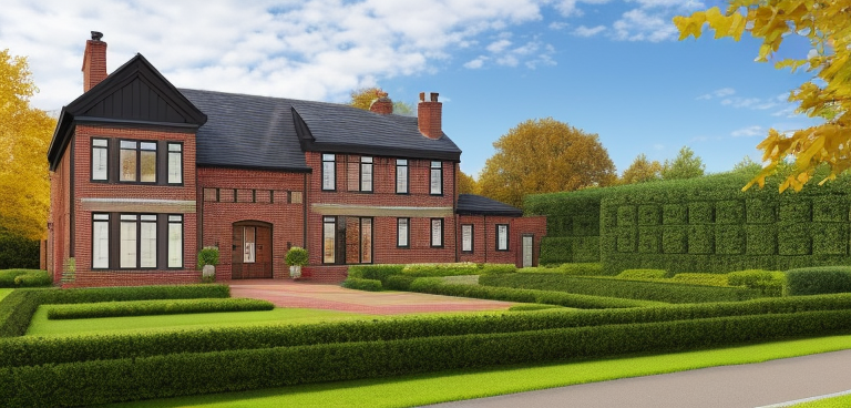 1920's english brick house with black windows and black iron moldings, brick and black iron materials, with ivys growing on the walls and a big garden with autumn maple trees and a maple tree in the foreground leaves in the grass classic brick mansion countryside britain industrial