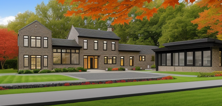 1920's english brick house with black windows and black iron moldings, brick and black iron materials, with ivys growing on the walls and a big garden with autumn maple trees and a maple tree in the foreground leaves in the grass classic brick mansion countryside britain industrial