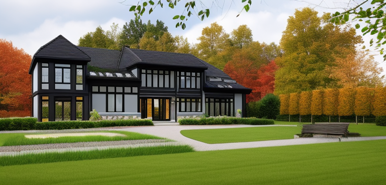 1920's english brick house with black windows and black iron moldings, brick and black iron materials, with ivys growing on the walls and a big garden with autumn maple trees and a maple tree in the foreground leaves in the grass classic brick mansion countryside britain industrial