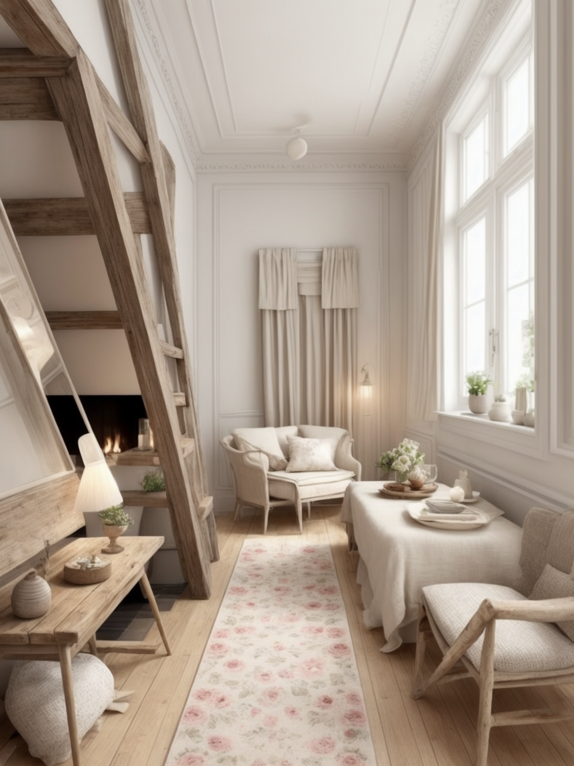 Living Room, French design, rustic and elegant, soft and pastel colour palette, creams, distressed elegant furniture, floral patterns, natural materials, linen, lots of warm coloured wood, comfortable and charming ambiance, antique furnishing
