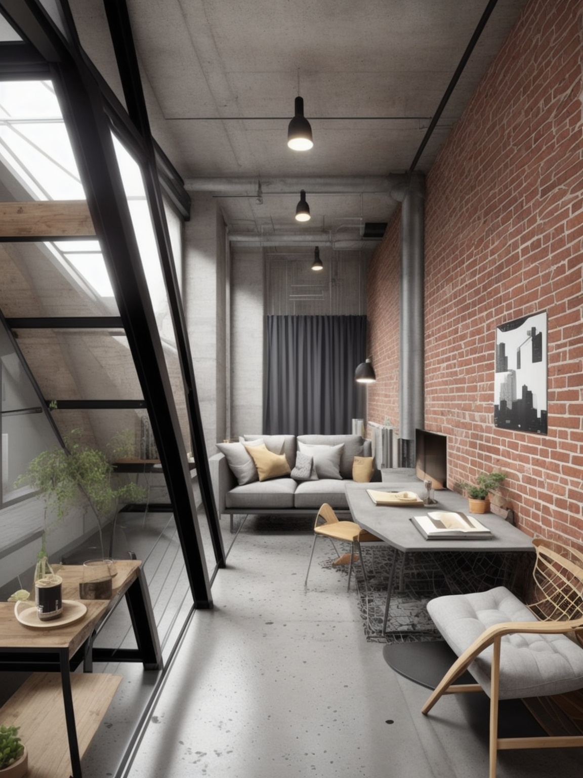Living Room, Urban style, edgy and contemporary, industrial elements, exposed brick and metal accents, urban loft aesthetic, open and spacious layouts, concrete floors, minimalist and functional furniture, a fusion of modern and industrial styles