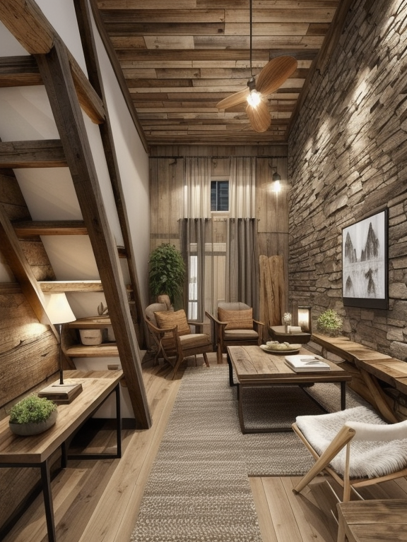 Living Room, Rustic design, warm and inviting, natural materials, wood and stone, earthy colour palette, textured finishes, exposed beams, distressed or reclaimed furniture, cozy and rugged charm