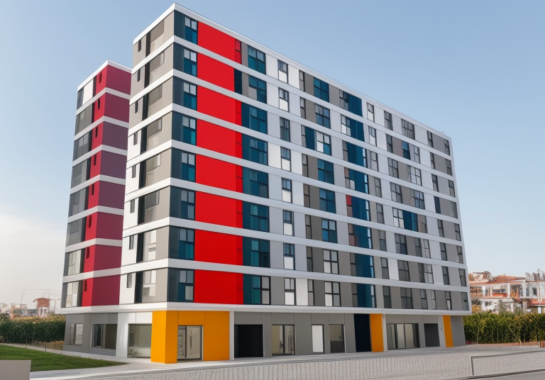 colored checkerboard facade Desing by Rem koolhas  with  three colors, in the morning, Townhouse, in Lima,  facade checkerboard patern in colors, Constructivism Architecture, Modern Architecture