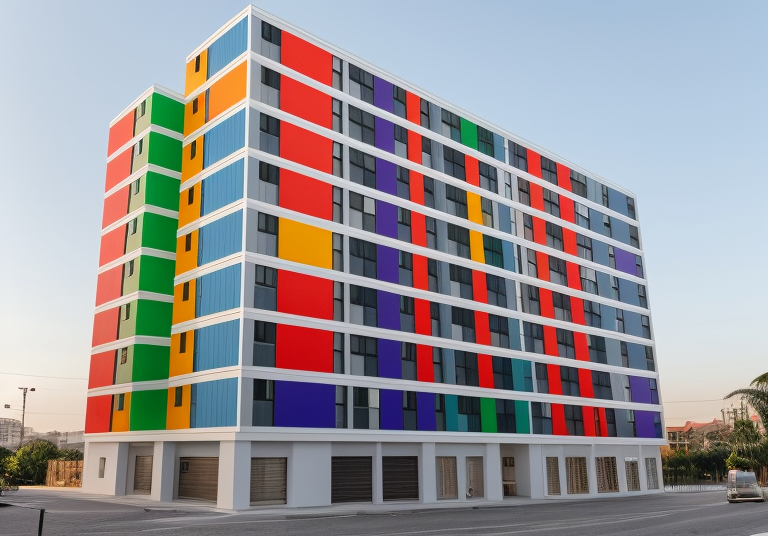 colored checkerboard facade   with  three colors, in the morning, Townhouse, in Lima,  facade checkerboard patern in colors, Islamic architecture