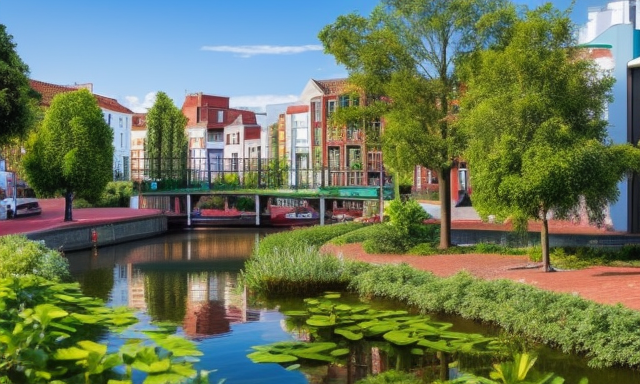 neighborhood of cuiaba brazil inspired by the town le plessis robinson in france, Townhouse, designed by Frank Lloyd Wright, Art Nouveau Architecture, in the afternoon, in Amsterdam