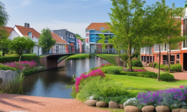 neighborhood of cuiaba brazil inspired by the town le plessis robinson in france, Townhouse, designed by Frank Lloyd Wright, Art Nouveau Architecture, in the afternoon, in Amsterdam, Villa