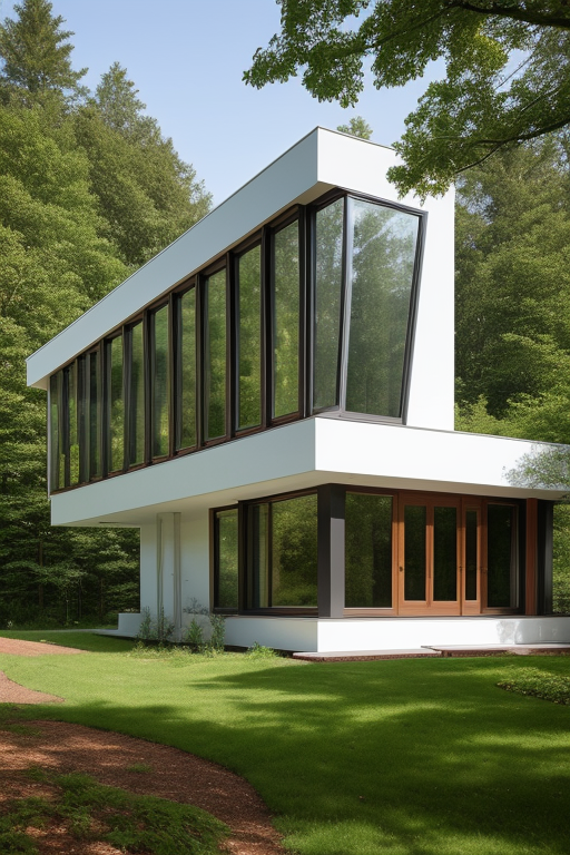 Exterior of a glass home in the forest, designed by Zaha Hadid. White stone.