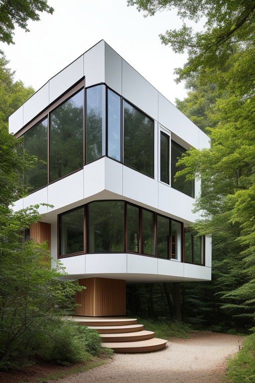 Exterior of a glass home in the forest, designed by Zaha Hadid. White stone.