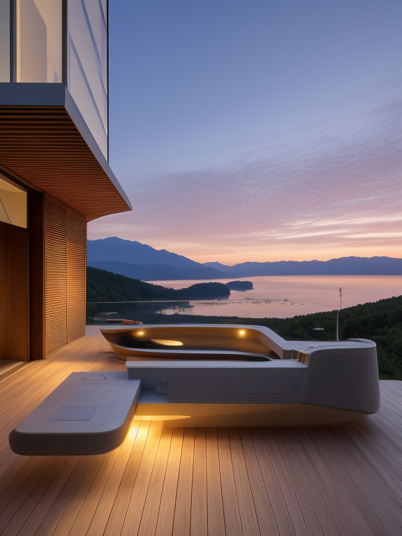 Villa, designed by Zaha Hadid, Japanese architecture, at sunset, in the mountains